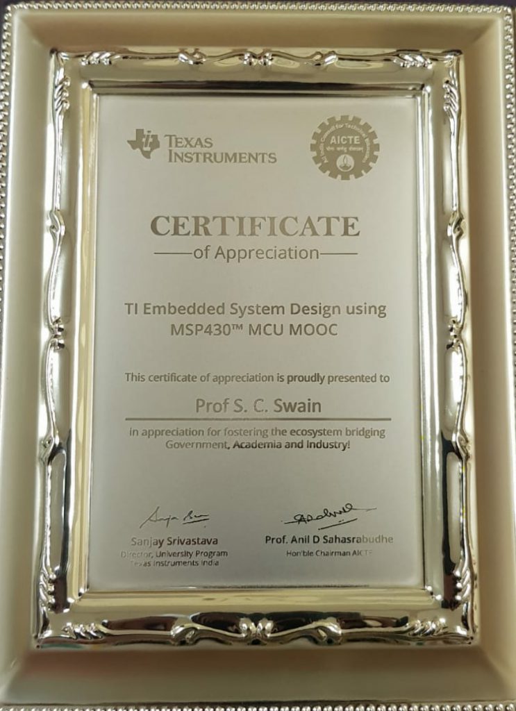 Certificate of Appreciation for Professor of KIIT School of Electrical Engineering