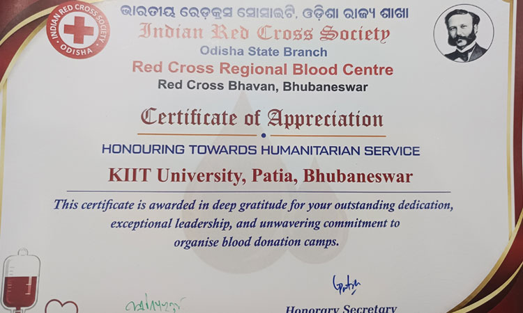 KIIT DU Awarded by Indian Red Cross Society, Odisha State Branch